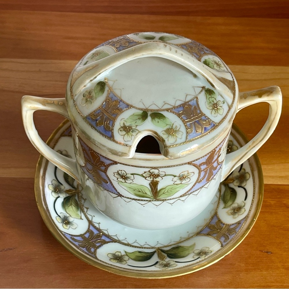 Antique Nippon Porcelain Mustard Condiment Jam Jar with Lid and Matching Saucer